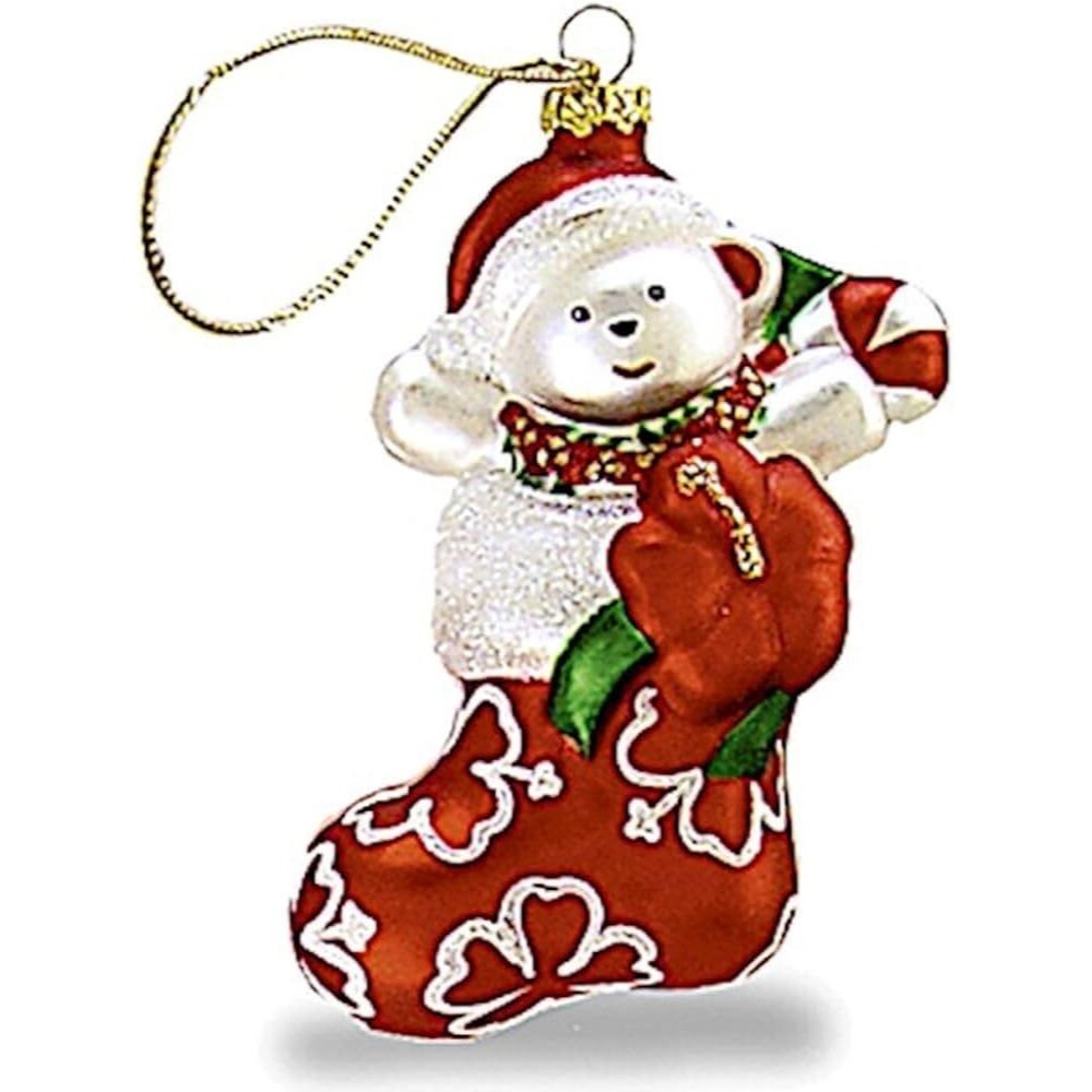 Glass Blown Hawaiian Hibiscus Flower Christmas Stocking Teddy Bear Ornament